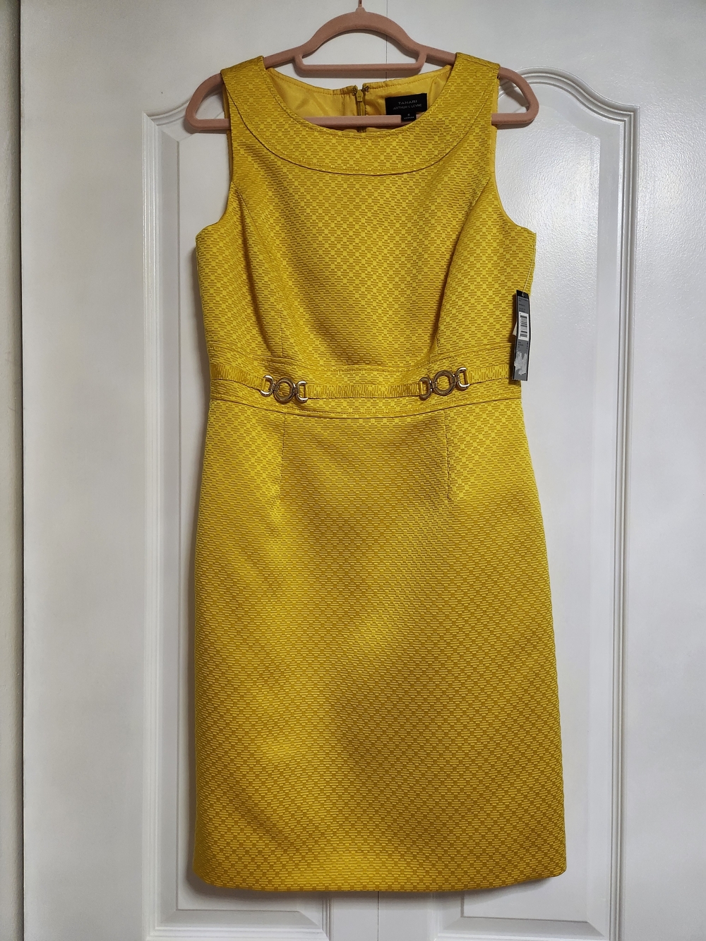 Tahari Yellow Textured Midi Sheath Dress